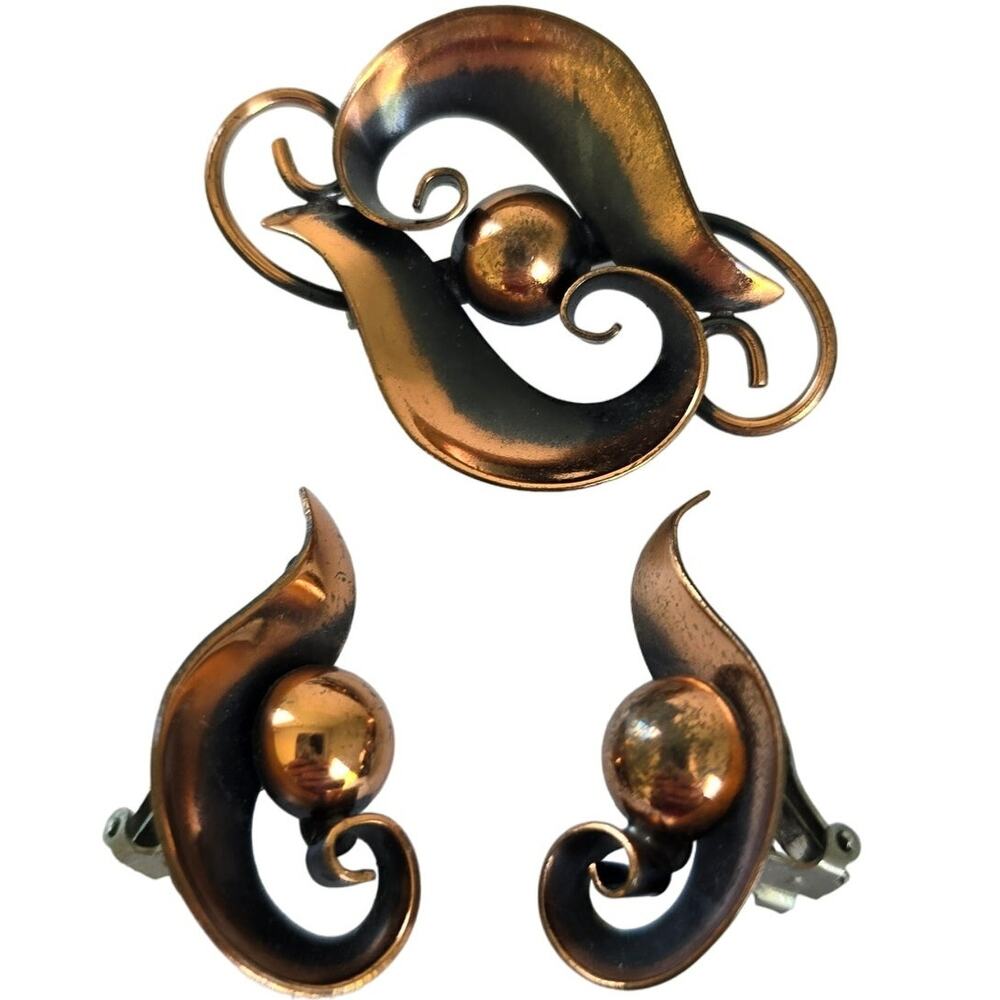 Vintage Bell Trading Post Brooch Earring Copper Swirl Modernist 1960s Western